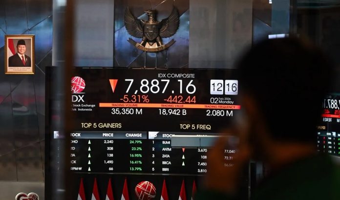 Grafik pergerakan Indeks Harga Saham Gabungan (IHSG) di Bursa Efek Indonesia yang menunjukkan tren pelemahan pada penutupan perdagangan sore.