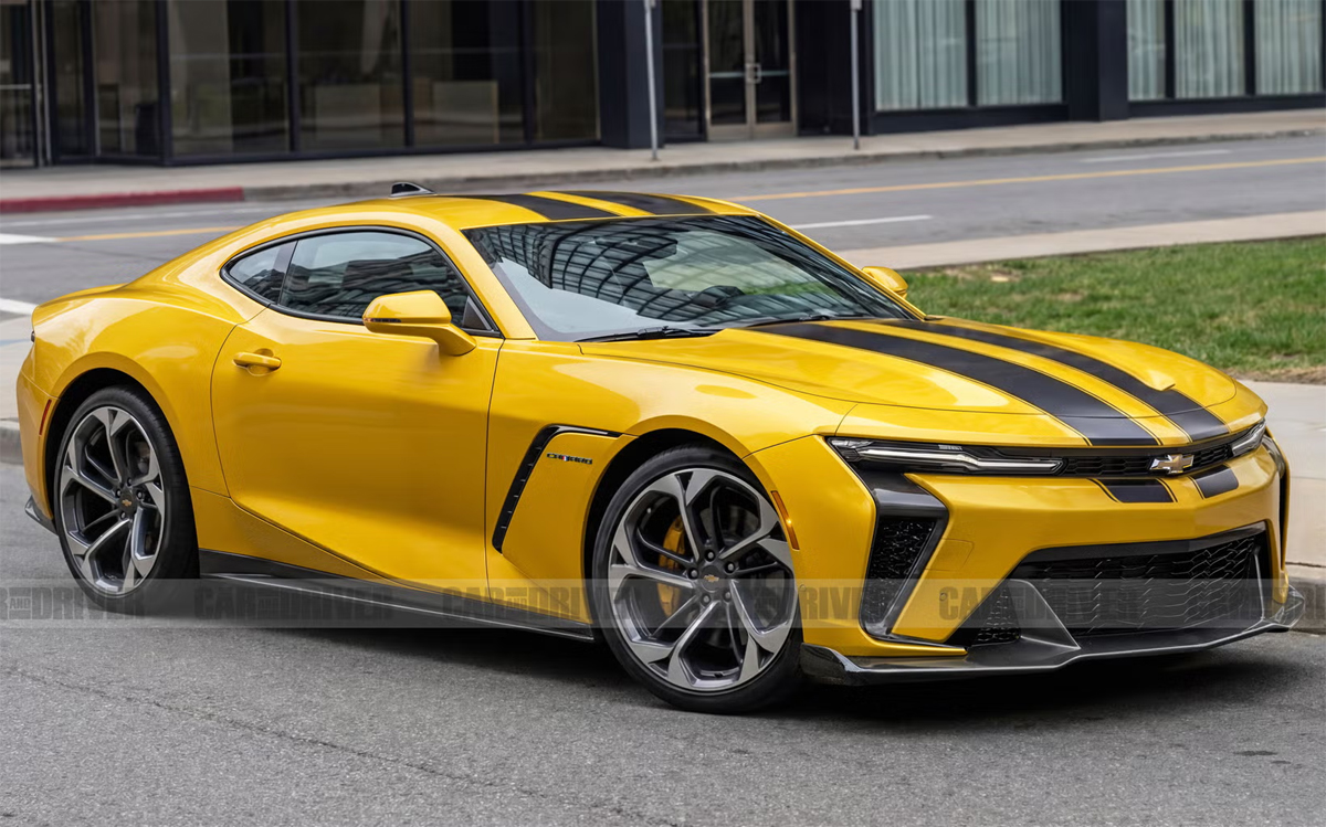 Ilustrasi desain terbaru Chevrolet Camaro 2028 dengan gaya fastback yang ikonik, mengombinasikan nuansa modern dan elemen klasik generasi ketiga.