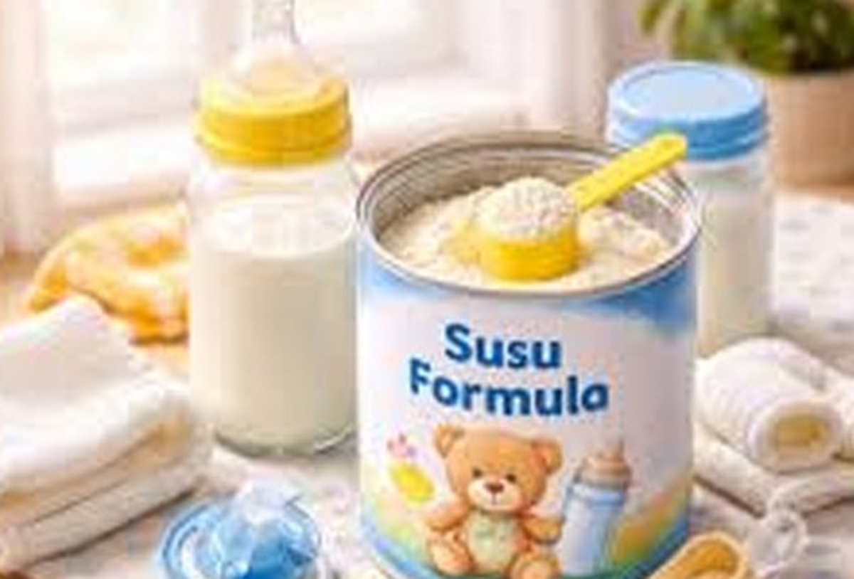 Ilustrasi orang tua yang sedang mencermati label komposisi nutrisi pada kemasan kaleng susu formula anak untuk memastikan kualitas bahan utama.