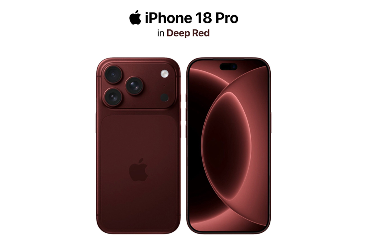 Ilustrasi konsep iPhone 18 Pro dengan varian warna Deep Red yang mewah, menampilkan layar yang lebih luas dengan cutout kamera depan yang jauh lebih kecil.