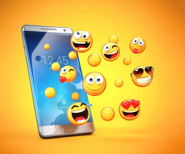 Ilustrasi perbandingan penggunaan emoji dan tanda baca pada layar smartphone antara generasi remaja, dewasa muda, dan lansia.